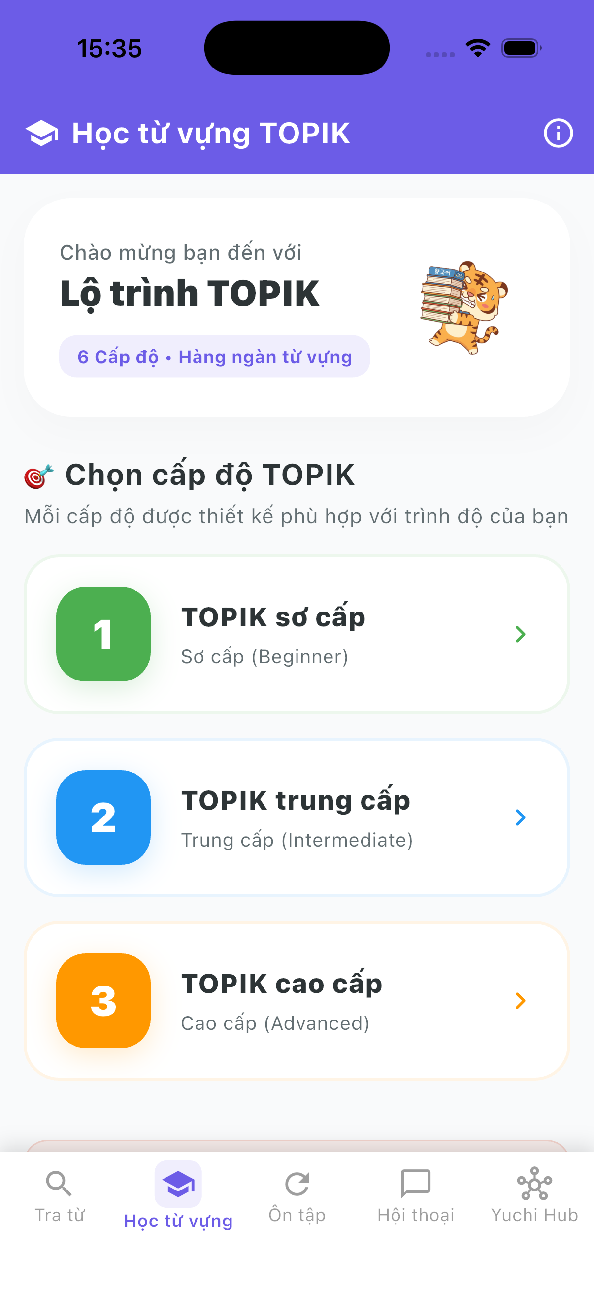 Lộ trình học TOPIK 1-6 trong ứng dụng Yuchi Vocab